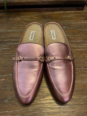 COACH Metallic Rose Pink Leather Shearling-Lined Slip-On Mules